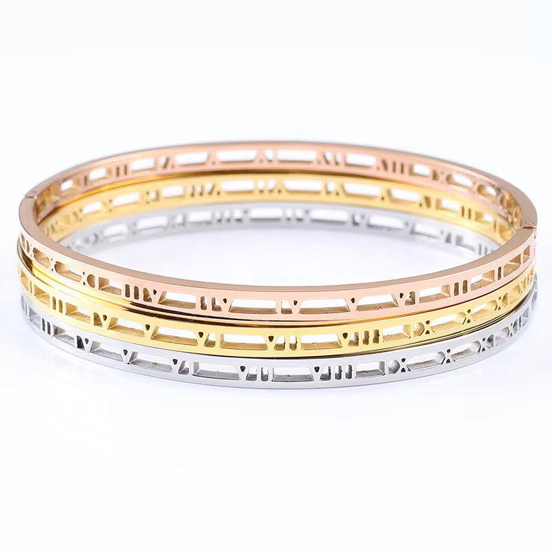 Hollow Out Roman Numeral Bangle Gold Rose Gold Silver Set