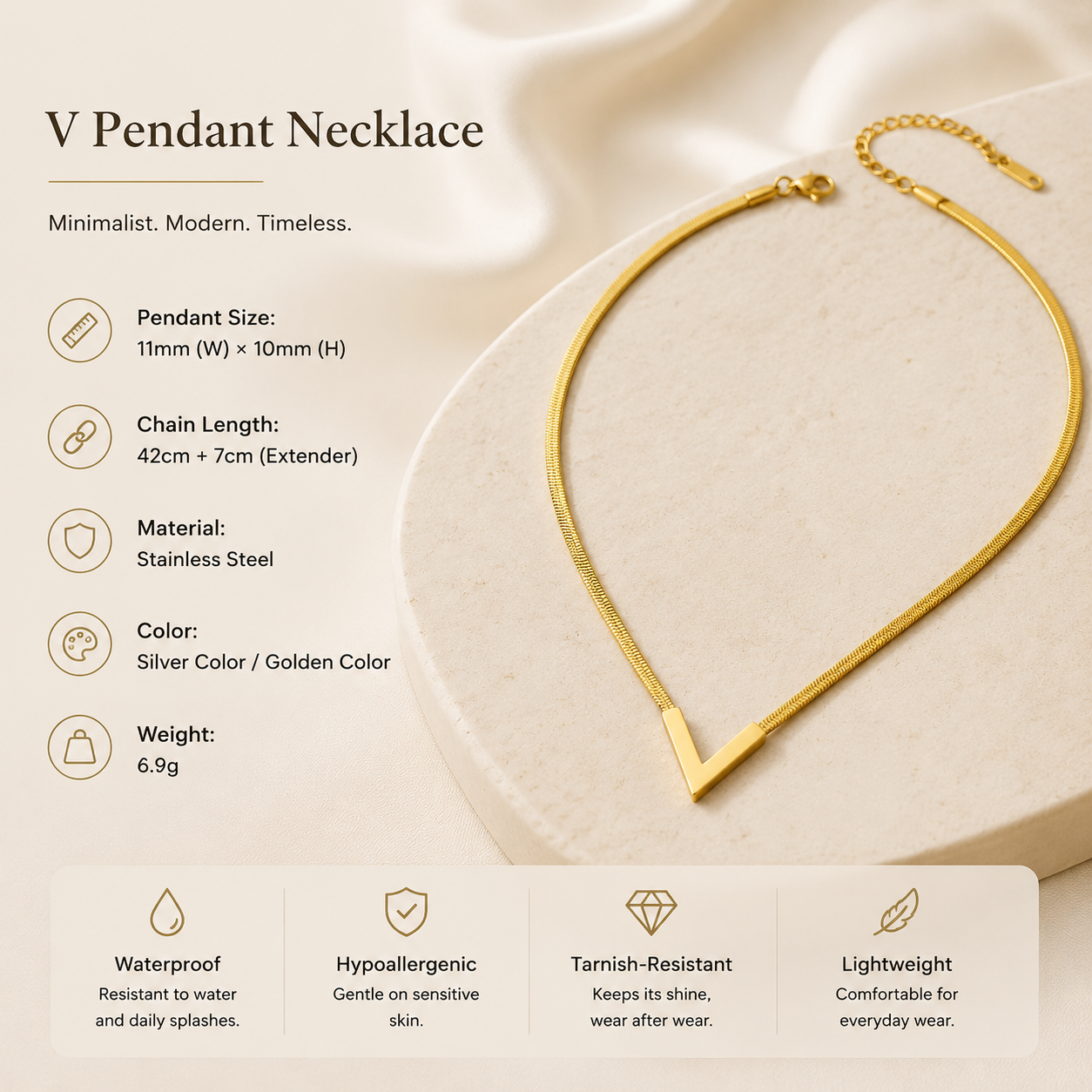 Product spec card for V Pendant Necklace — 11mm x 10mm pendant, 42cm + 7cm extender, stainless steel, 6.9g, waterproof and hypoallergenic