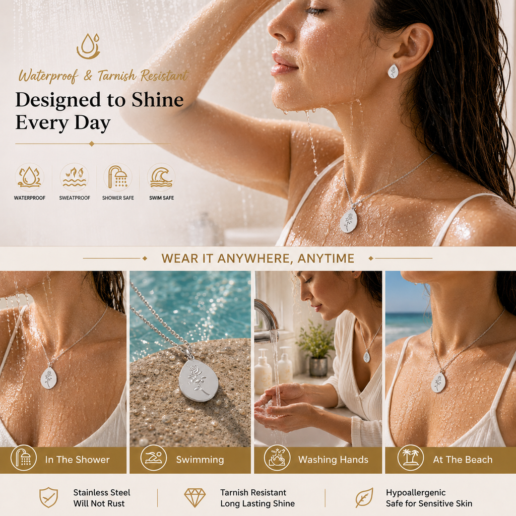 Waterproof rose engraved silver necklace and earring set — designed to shine every day. Shower safe, sweatproof, swim safe, beach ready. Stainless steel, tarnish resistant, hypoallergenic, safe for sensitive skin