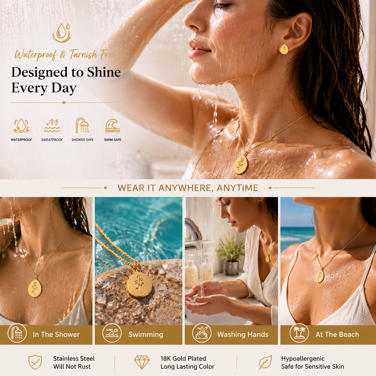 Romantic Stainless Steel Gold PVD Plated Necklace Earrings Jewelry Set