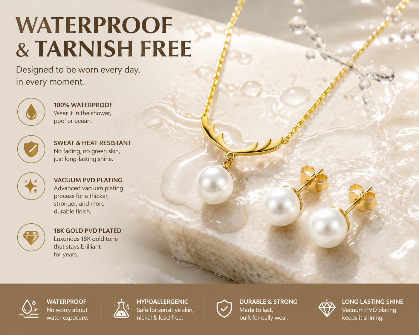 Waterproof and tarnish-free infographic for antler pearl jewelry set — 100% waterproof, sweat resistant, vacuum PVD plating, 18K gold tone, hypoallergenic and nickel-free