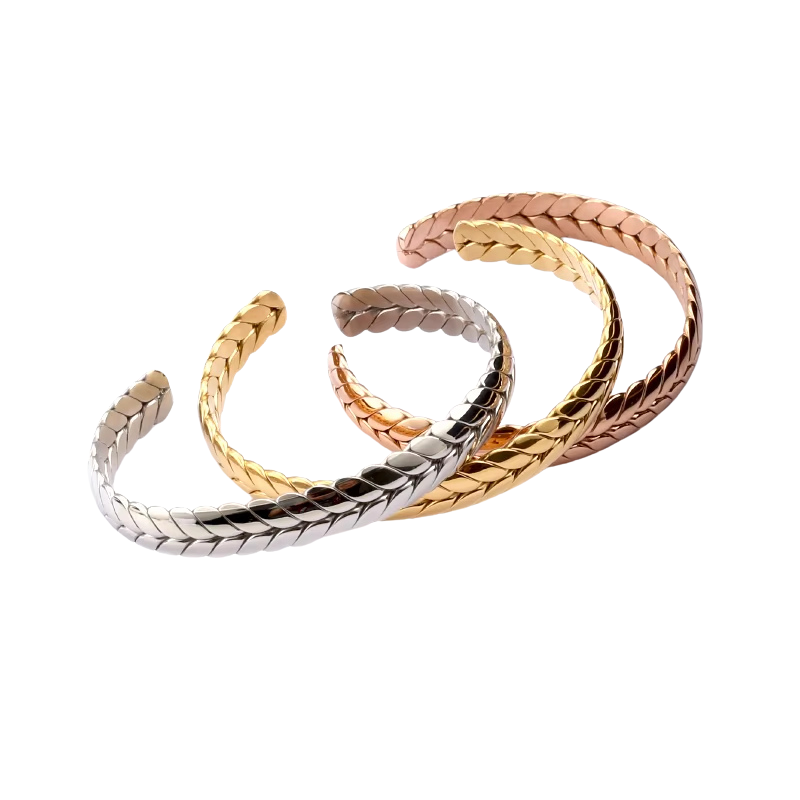 Open Cuff Wheat Bracelet Gold Silver Rose Gold Set 18K PVD Plated Stainless Steel
