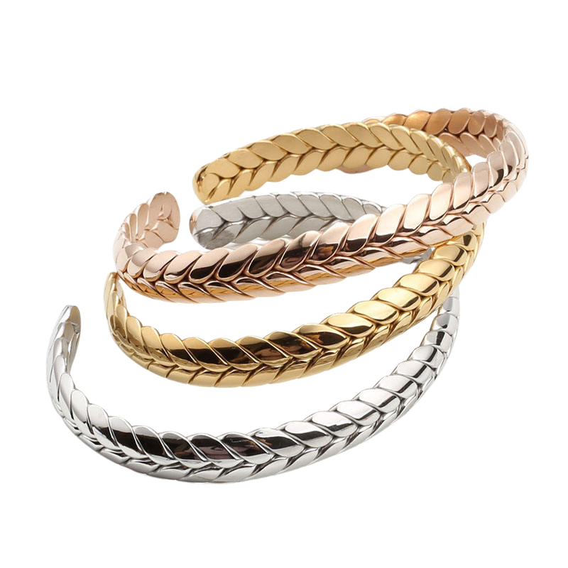 Open Cuff Wheat Bracelet Rose Gold 18K PVD Plated Close Up Detail