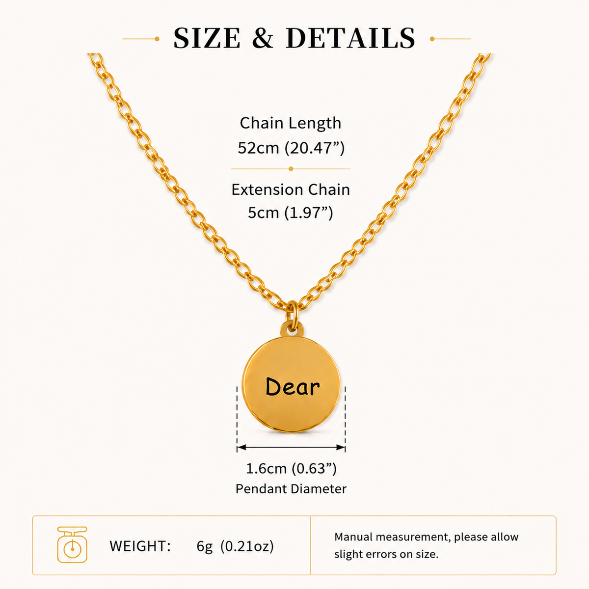 Gold engraved coin necklace size chart showing 52cm chain, 5cm extension, 1.6cm Dear pendant, and 6g weight.