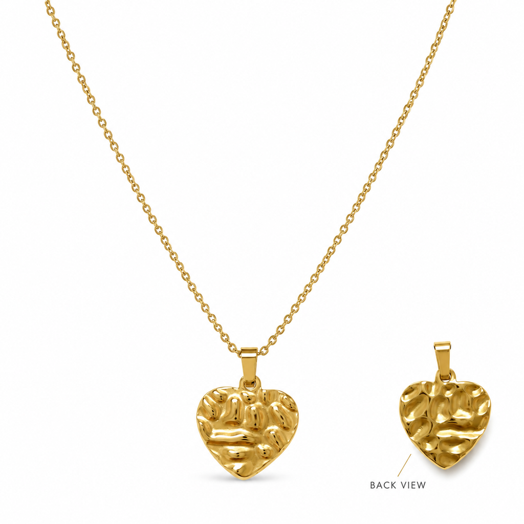 Women's stainless steel gold heart necklace featuring front and back views of a textured molten pendant on chain.