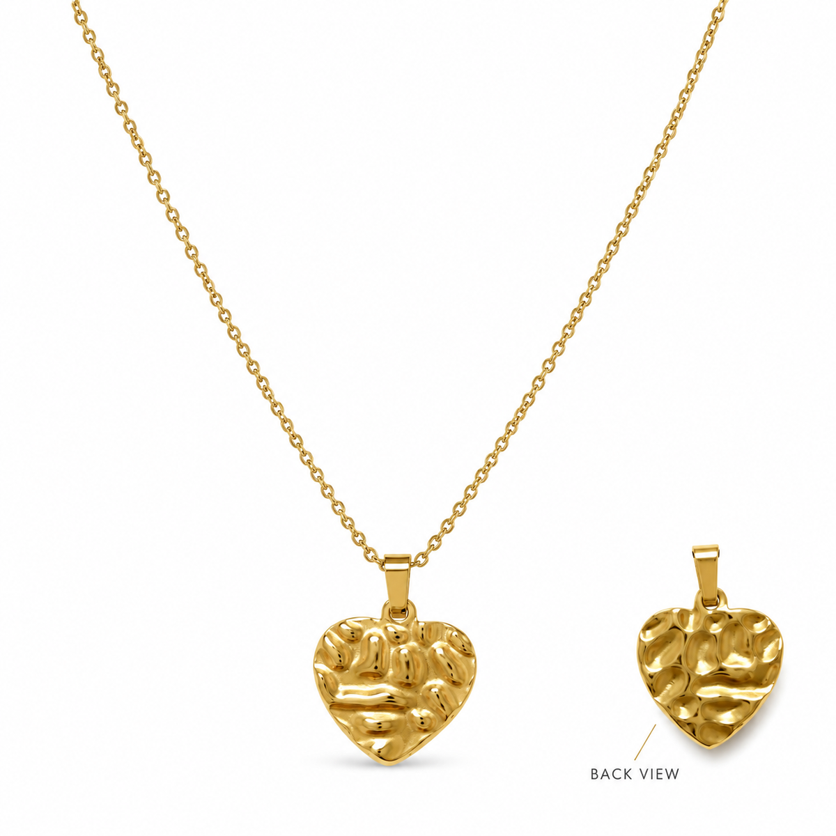 Women's stainless steel gold heart necklace featuring front and back views of a textured molten pendant on chain.