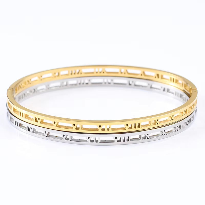 Hollow Out Roman Numeral Bangle Side View Minimalist Bracelet