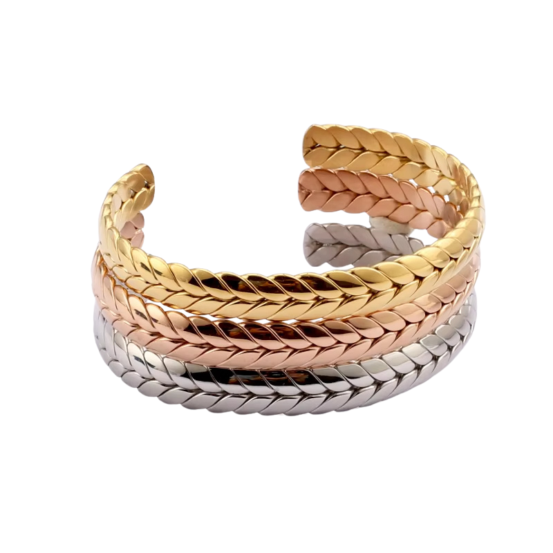 Women Wearing Open Cuff Wheat Bracelet Gold Minimalist Jewelry Gift
