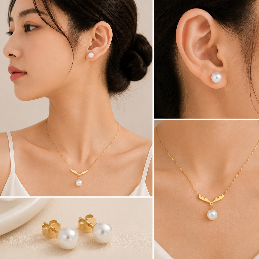 Model wearing gold antler pearl necklace and pearl stud earrings — collage showing side profile, ear close-up, collarbone view, and necklace detail
