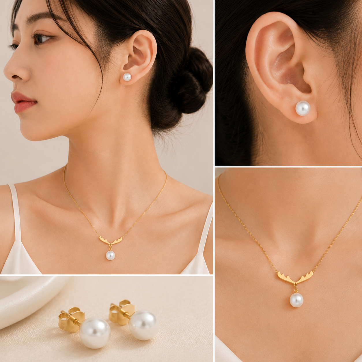 Model wearing gold antler pearl necklace and pearl stud earrings — collage showing side profile, ear close-up, collarbone view, and necklace detail
