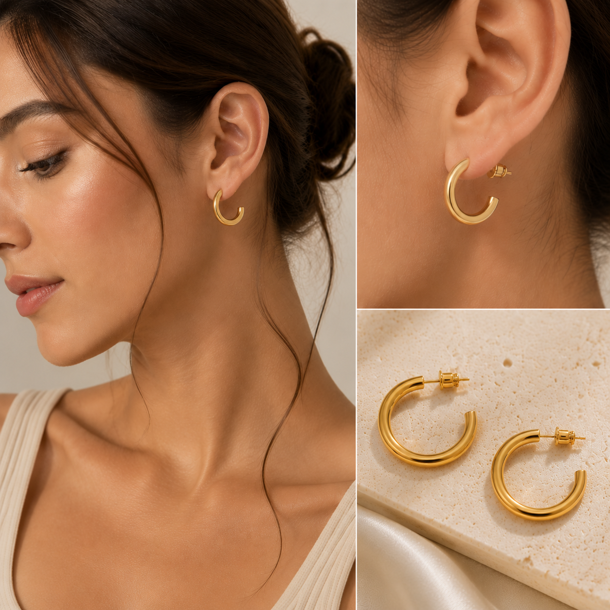 Model wearing 18K gold chunky hoop earrings, close-up ear shot and product flat lay collage