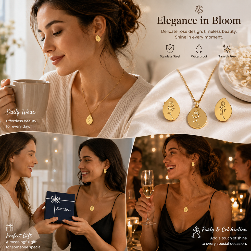 Romantic Stainless Steel Gold PVD Plated Necklace Earrings Jewelry Set