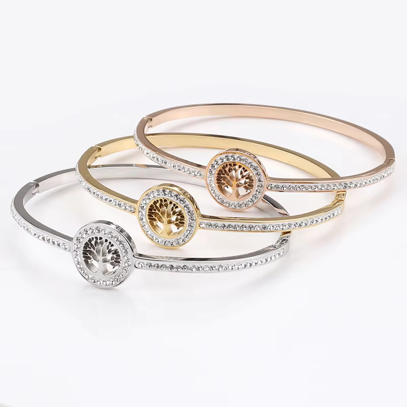Zircon Tree of Life Bangle Gold Silver Rose Gold Set