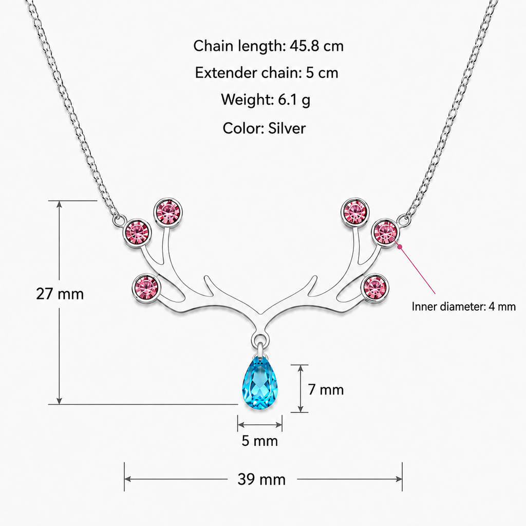 Silver antler crystal necklace size chart — pendant width 39mm, height 27mm, blue teardrop gemstone 5×7mm, pink crystals inner diameter 4mm, chain 45.8cm + 5cm extender, weight 6.1g
