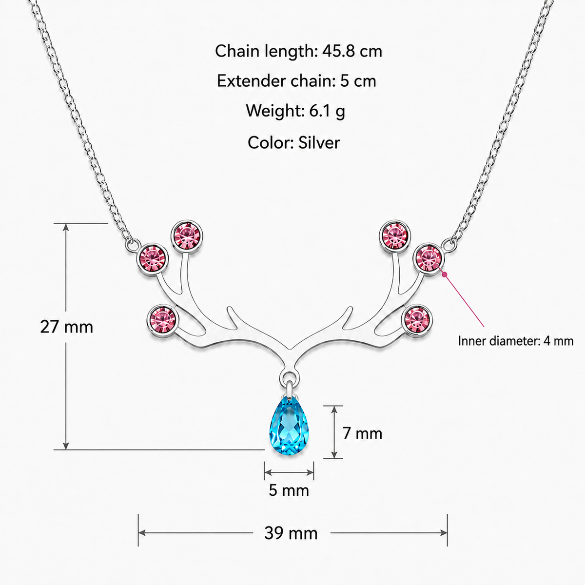 Silver antler crystal necklace size chart — pendant width 39mm, height 27mm, blue teardrop gemstone 5×7mm, pink crystals inner diameter 4mm, chain 45.8cm + 5cm extender, weight 6.1g