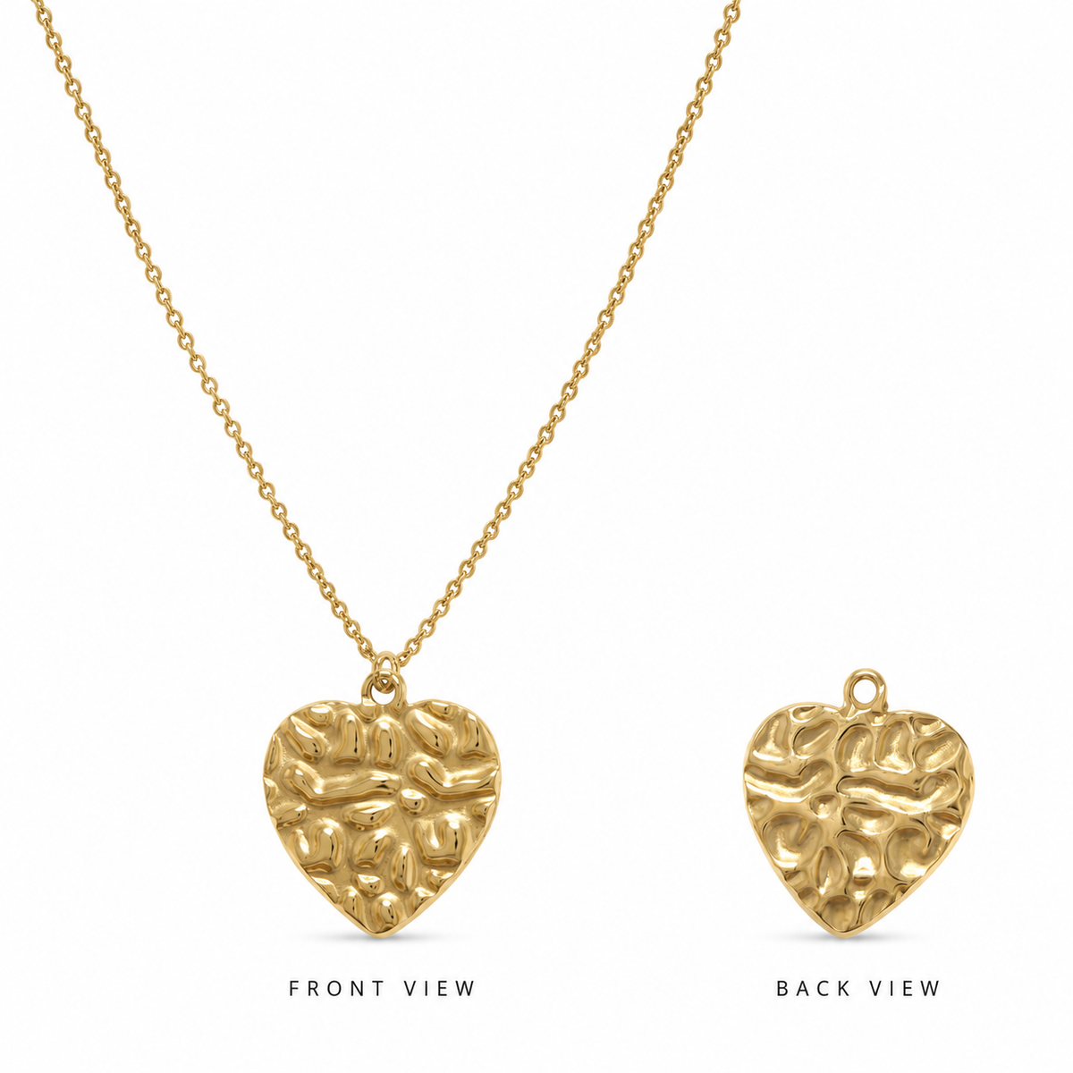 Gold heart necklace front and back view, showing a textured molten pendant on a stainless steel chain.