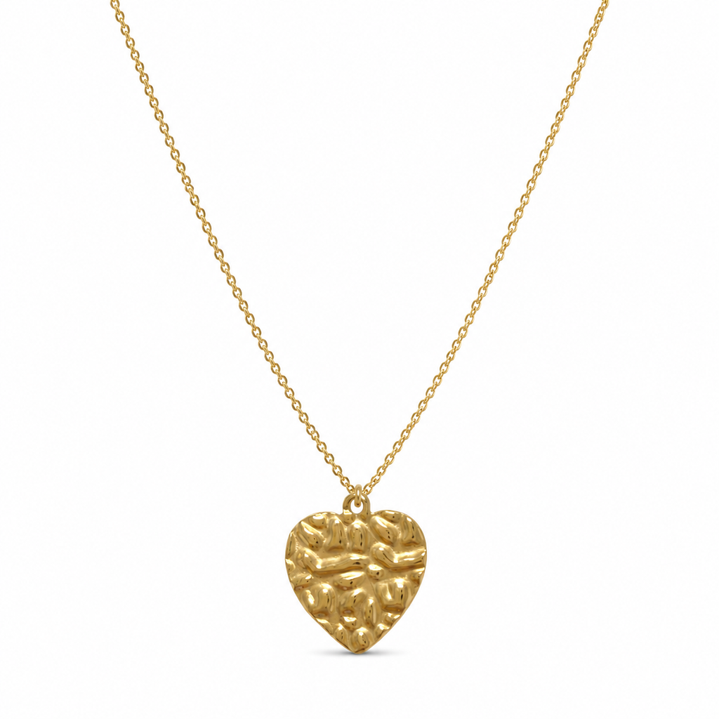 Big gold heart necklace featuring a textured molten heart pendant on a tarnish-free stainless steel chain.