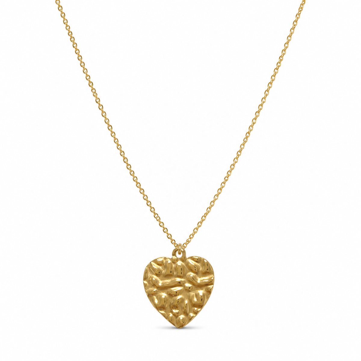 Big gold heart necklace featuring a textured molten heart pendant on a tarnish-free stainless steel chain.