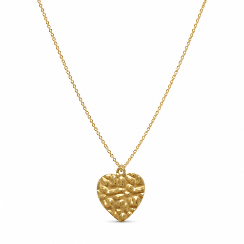 Big gold heart necklace featuring a textured molten heart pendant on a tarnish-free stainless steel chain.