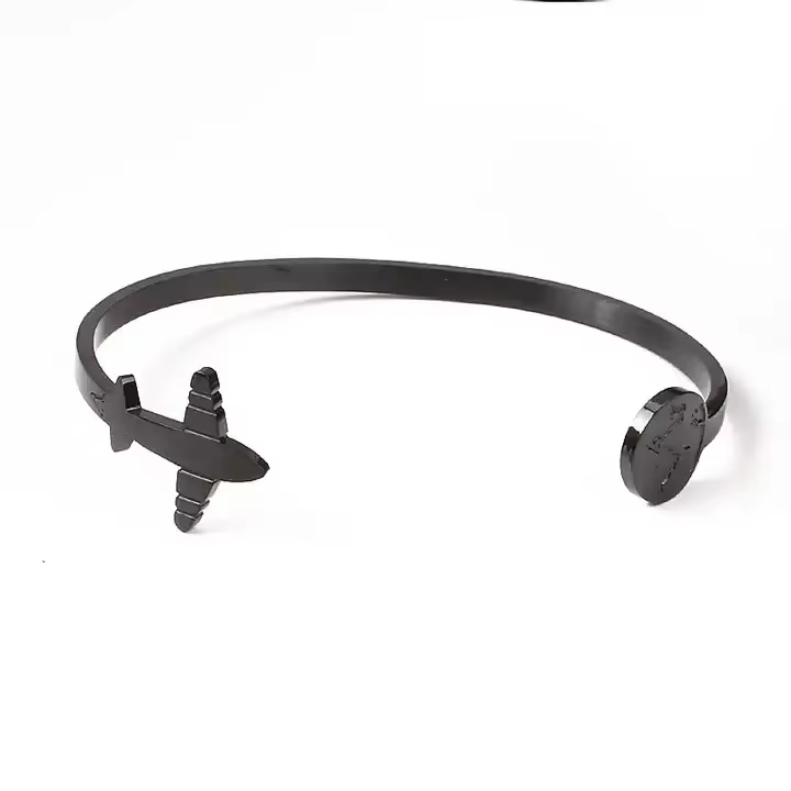 Travel the World Open Cuff Bangle Black Plated Stainless Steel
