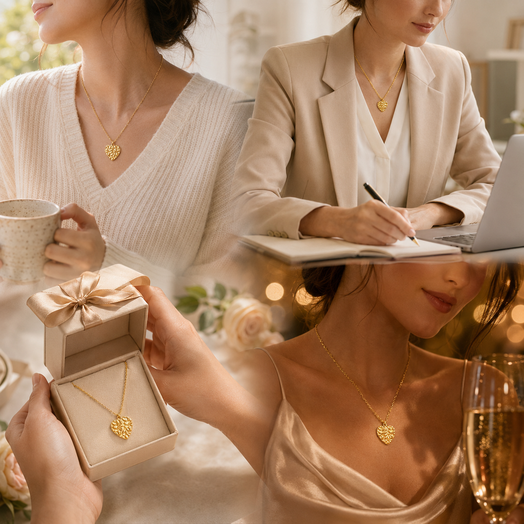 Daily wear gold heart necklace styled across multiple settings: office work, casual coffee, gifting, and evening party.