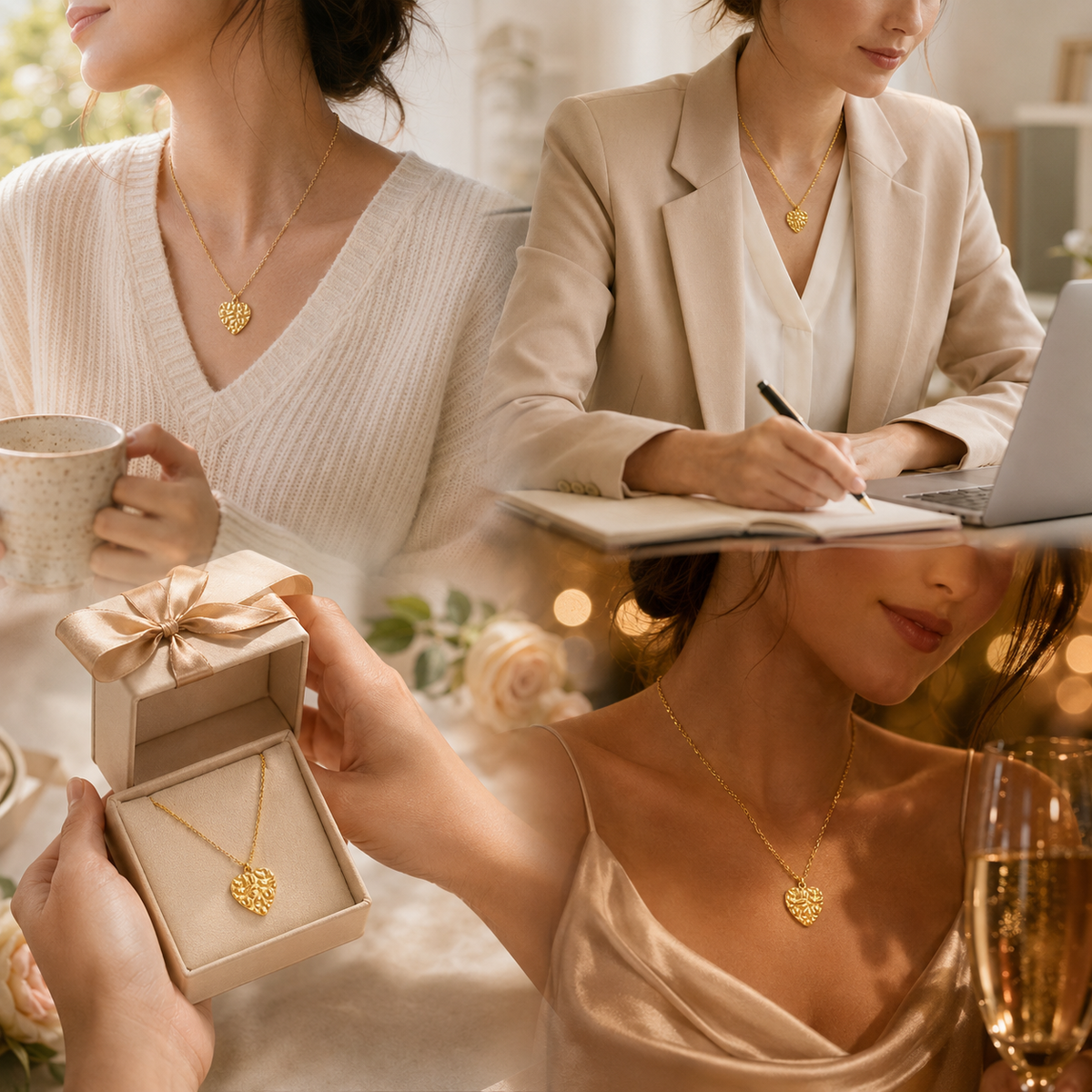 Daily wear gold heart necklace styled across multiple settings: office work, casual coffee, gifting, and evening party.