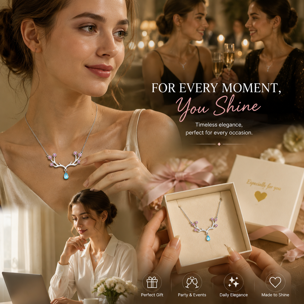 Silver antler crystal pendant necklace lifestyle banner — "For Every Moment, You Shine". Woman wearing stainless steel deer antler necklace with pink crystals and blue teardrop at party, work, and gifting occasions. Perfect gift, party & events, daily elegance, made to shine