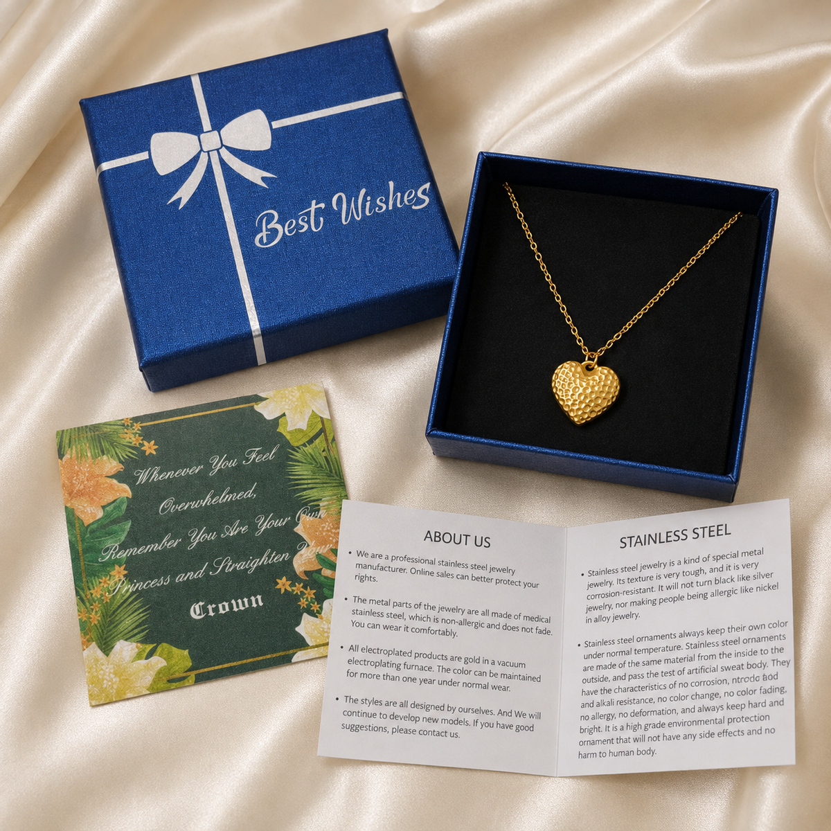 Gold necklace gift box package with hammered heart pendant in a blue box, inspirational message card, and booklet.