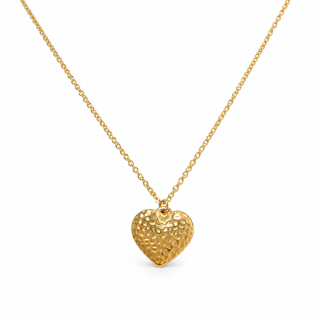 Gold-plated heart necklace featuring a hammered gold pendant on a tarnish-free stainless steel cable chain.