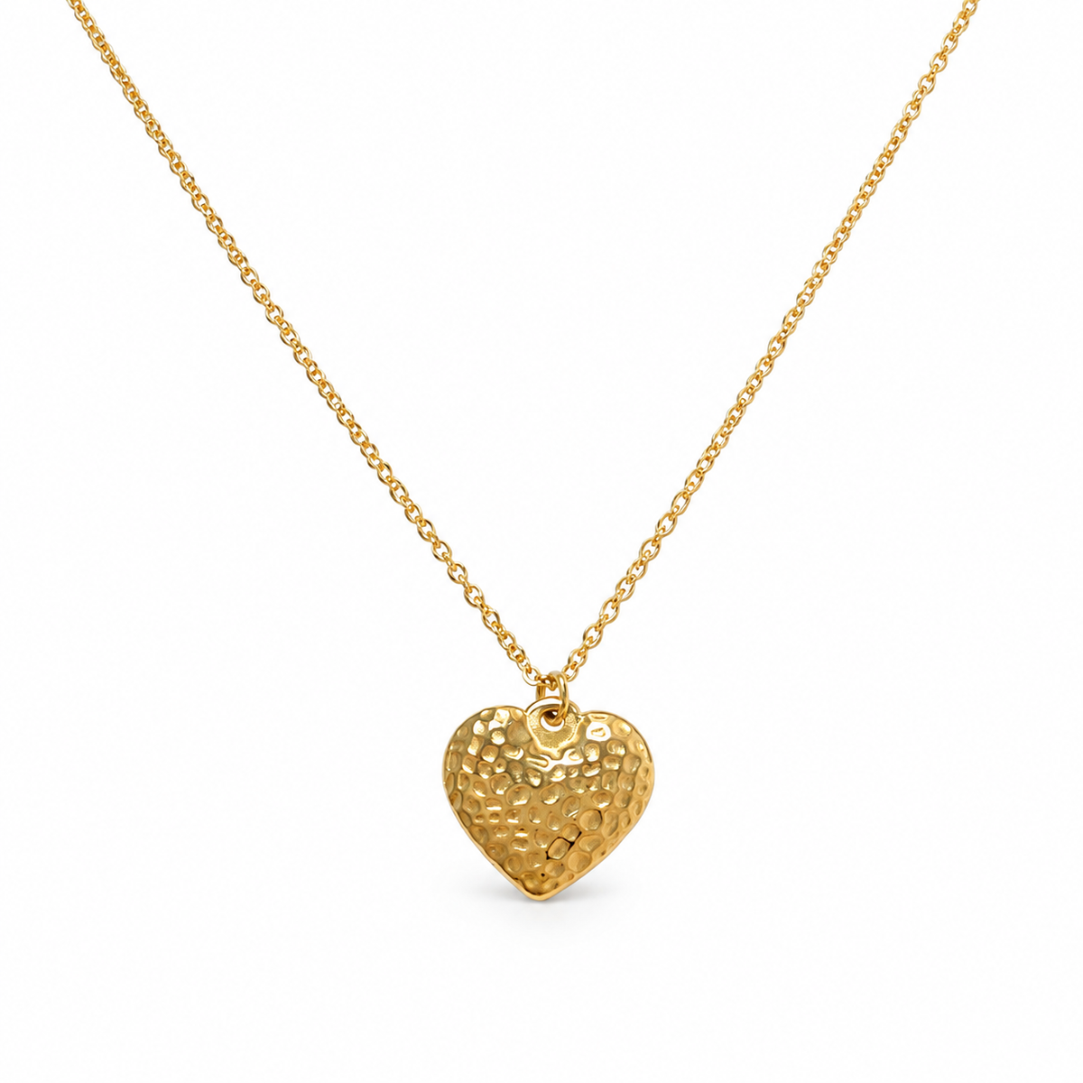 Gold-plated heart necklace featuring a hammered gold pendant on a tarnish-free stainless steel cable chain.