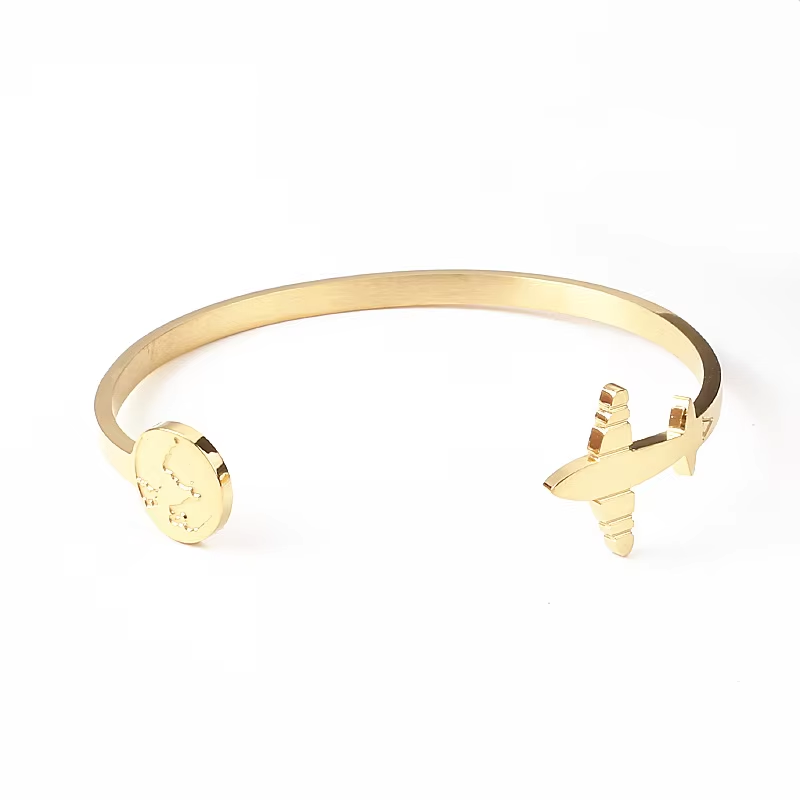 Travel the World Open Cuff Bangle Gold PVD Plated Stainless Steel
