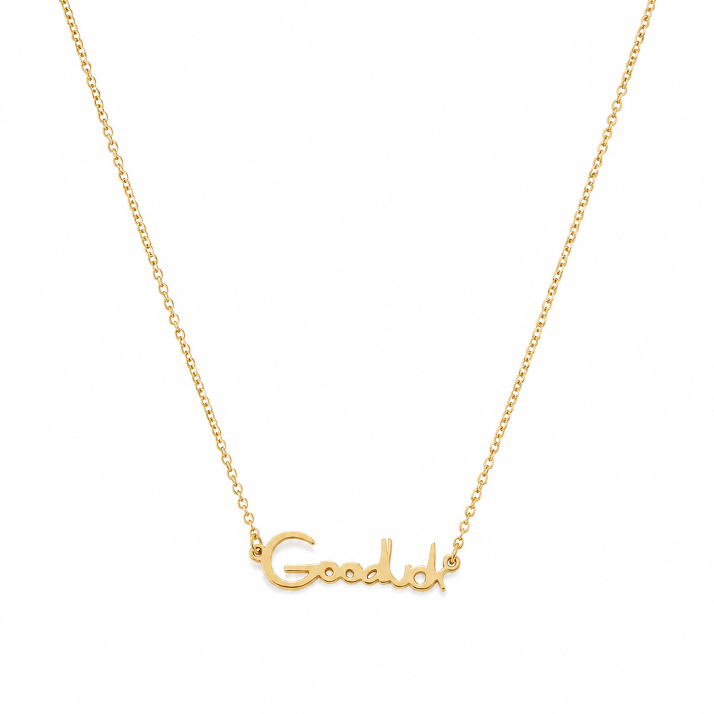 Gold Goodluck necklace featuring cursive script lettering on a delicate tarnish-free stainless steel chain.