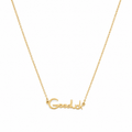 Gold Goodluck necklace featuring cursive script lettering on a delicate tarnish-free stainless steel chain.