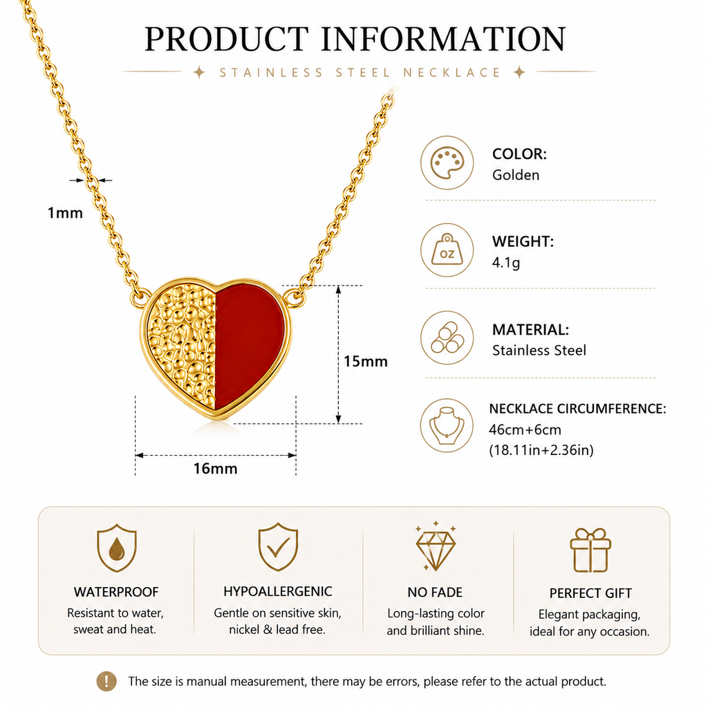 Gold and red enamel heart necklace size chart — stainless steel, 16×15mm pendant, 1mm chain, 46cm+6cm length, 4.1g. Waterproof, hypoallergenic, nickel & lead free, no fade