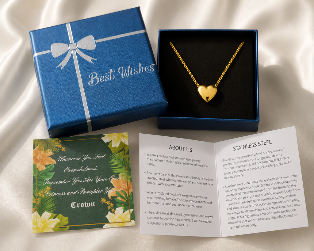 Gold heart necklace in blue Best Wishes gift box with greeting card and stainless steel care booklet