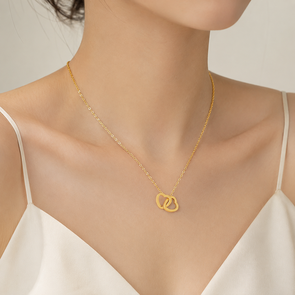 Women Wearing Double Heart Necklace Gold Layered Minimalist Jewelry