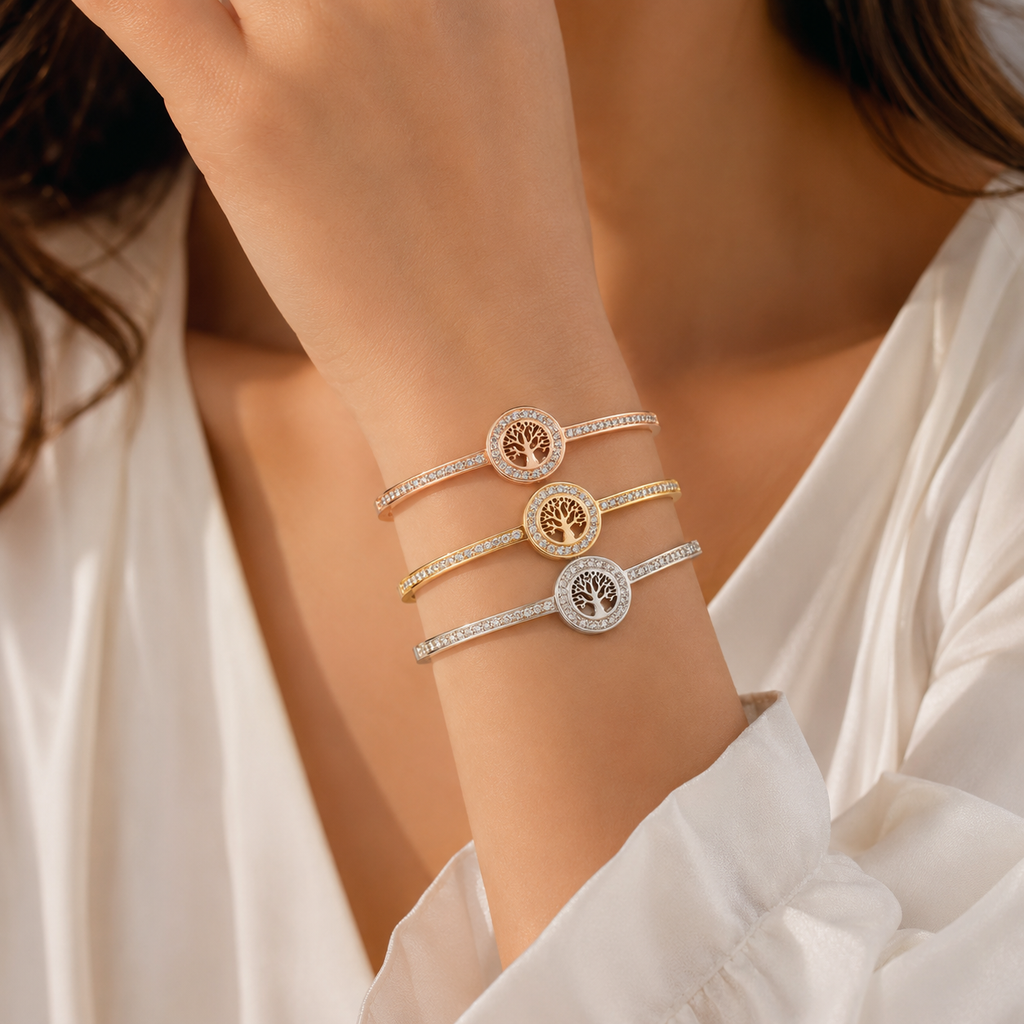 Women Wearing Zircon Tree of Life Bangle Gold Minimalist Jewelry