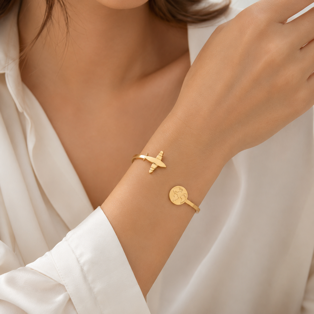 Women Wearing Travel the World Open Cuff Bangle Gold Minimalist Jewelry