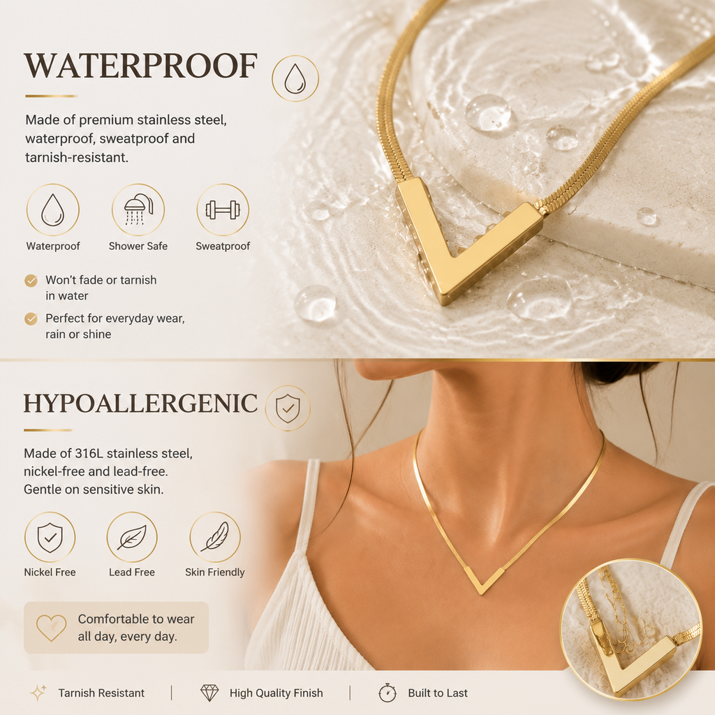 Infographic showing V pendant necklace is waterproof, shower safe, sweatproof, hypoallergenic, nickel-free and lead-free — made of 316L stainless steel