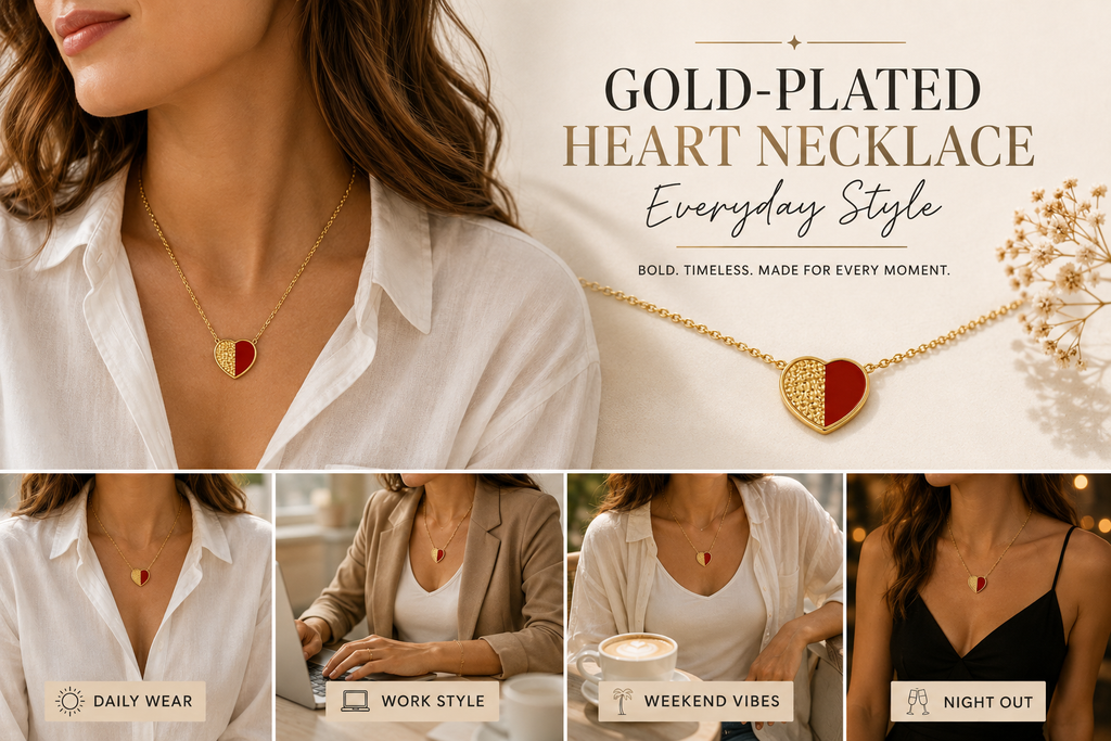 Gold-plated red enamel heart necklace everyday style — women wearing stainless steel heart pendant necklace for daily wear, work style, weekend vibes, and night out. Bold, timeless, made for every moment