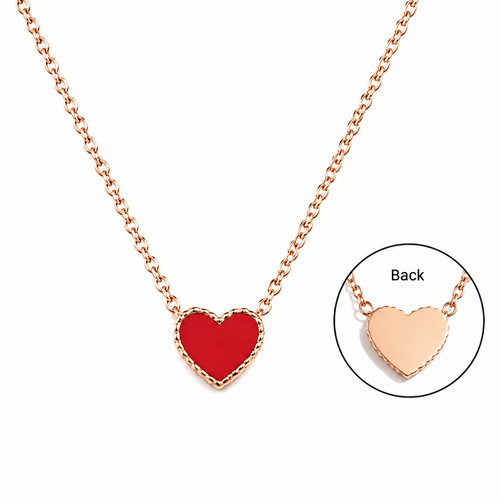 Red enamel heart pendant necklace on rose gold cable chain, front and back view, stainless steel, white background
