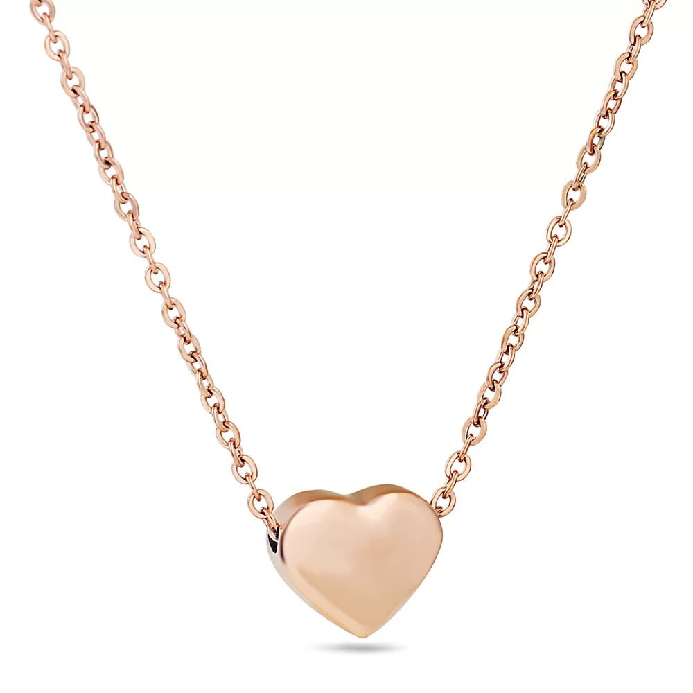 Rose gold puffed heart pendant necklace on delicate cable chain, 18K PVD coated stainless steel