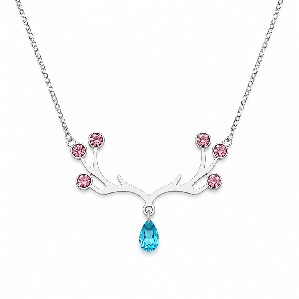 Silver stainless steel deer antler pendant necklace with 6 pink crystals and blue aquamarine teardrop gemstone — waterproof hypoallergenic nature-inspired jewelry for women