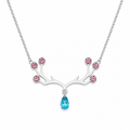 Silver stainless steel deer antler pendant necklace with 6 pink crystals and blue aquamarine teardrop gemstone — waterproof hypoallergenic nature-inspired jewelry for women