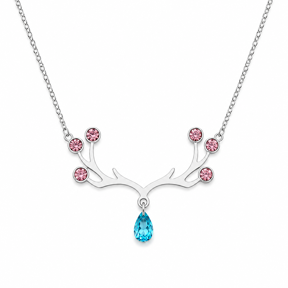 Silver stainless steel deer antler pendant necklace with 6 pink crystals and blue aquamarine teardrop gemstone — waterproof hypoallergenic nature-inspired jewelry for women