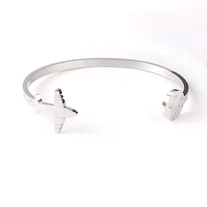 Travel the World Open Cuff Bangle Silver Stainless Steel Minimalist