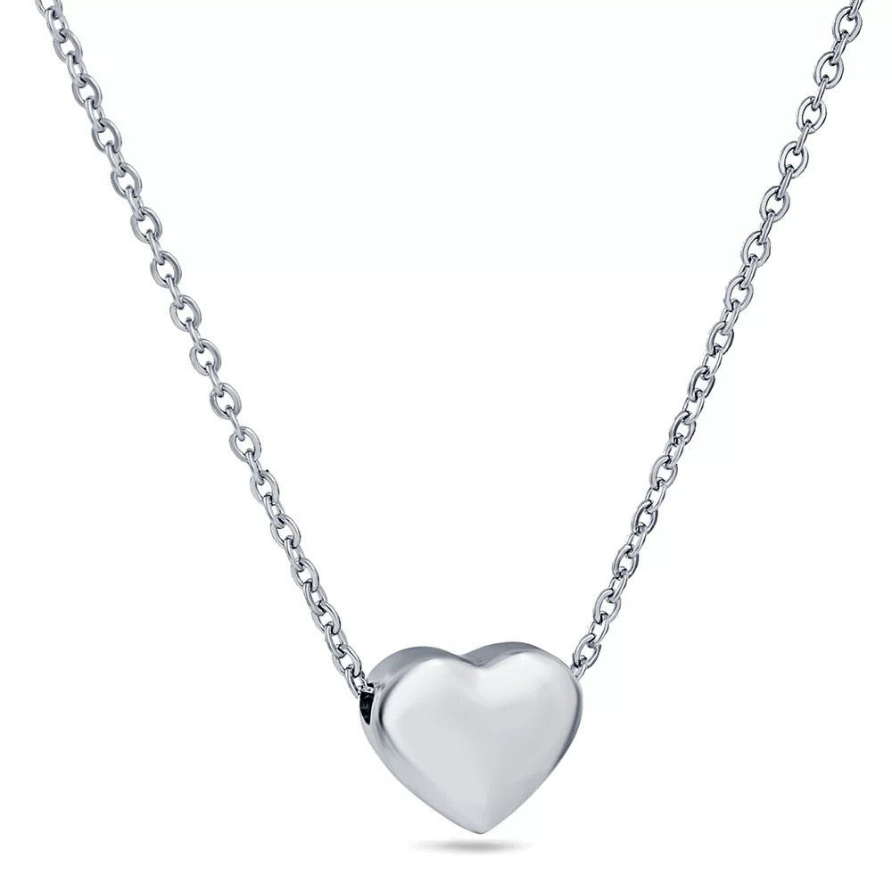 Minimalist silver stainless steel heart pendant necklace on cable chain, tarnish-free, white background