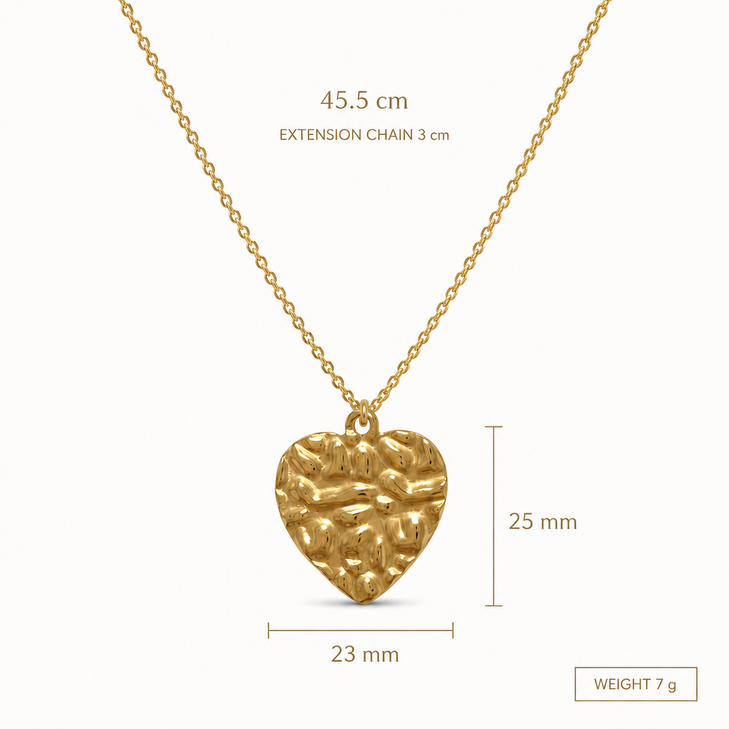 Gold heart necklace size chart showing 45.5cm chain with 3cm extension, 25x23mm textured pendant, and 7g weight.