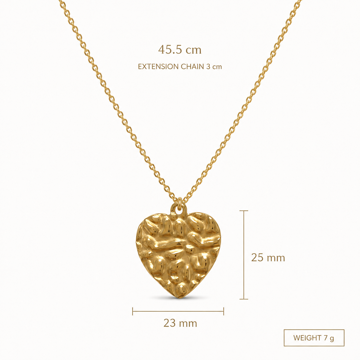 Gold heart necklace size chart showing 45.5cm chain with 3cm extension, 25x23mm textured pendant, and 7g weight.