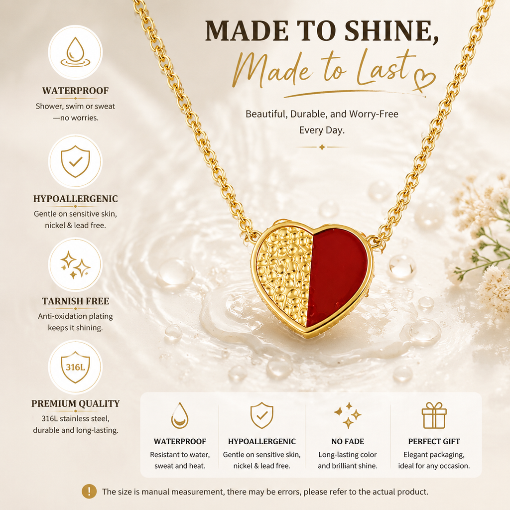 Waterproof stainless steel gold and red enamel heart necklace — made to shine, made to last. Waterproof, hypoallergenic, tarnish free, nickel & lead free, no fade, perfect gift for women
